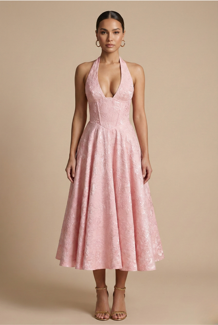Jacquard Halter Neck Corset Bodice A Line Midi Dress - Wedding Guest