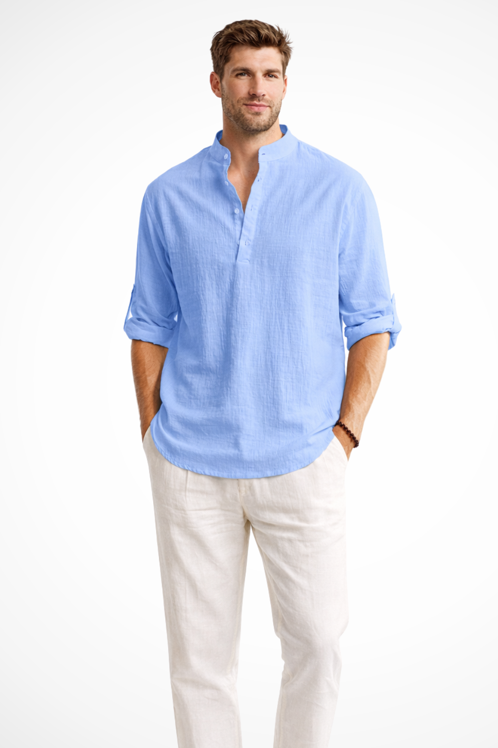 Band Collar Roll Sleeve Popover Casual Linen Shirt