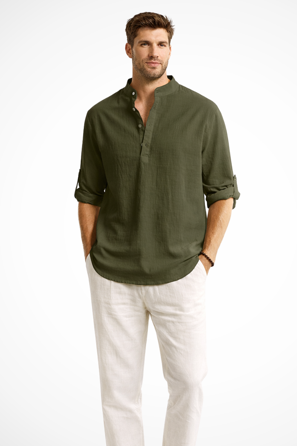 Band Collar Roll Sleeve Popover Casual Linen Shirt