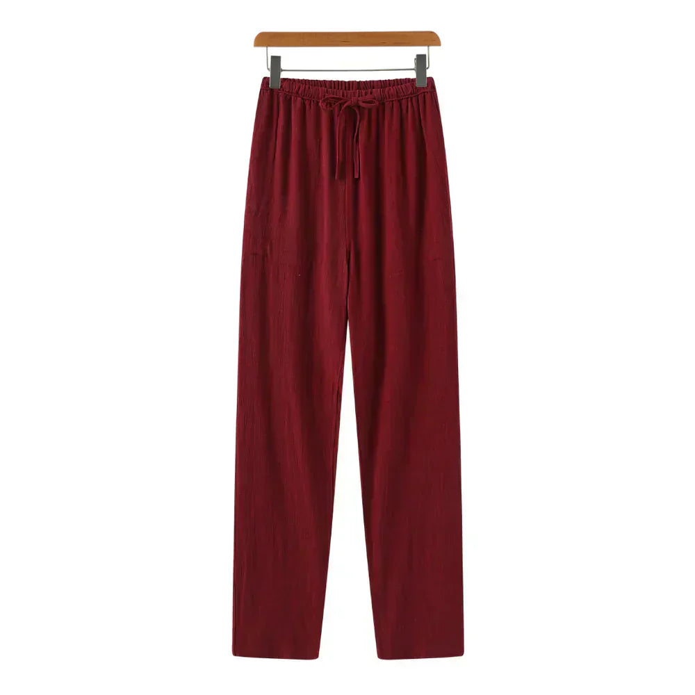 Drawstring Straight Leg Linen Trousers - Relaxed Casual Fit