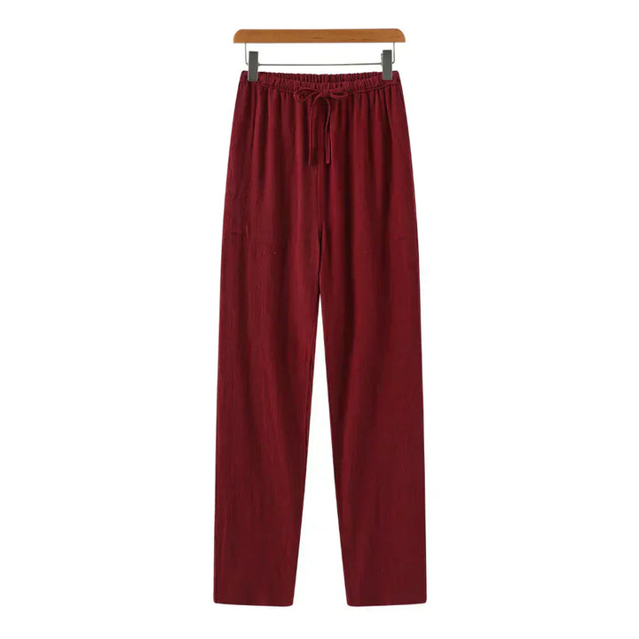 Drawstring Straight Leg Linen Trousers - Relaxed Casual Fit