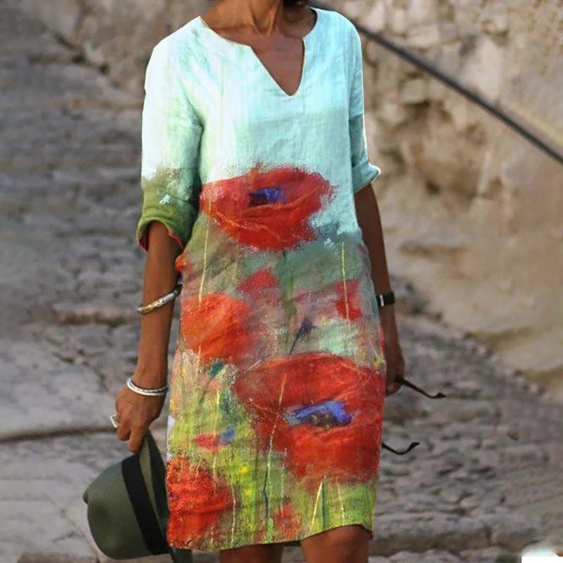 Wildflower Floral V Neck Three Quarter Sleeve Relaxed Linen Midi Dress