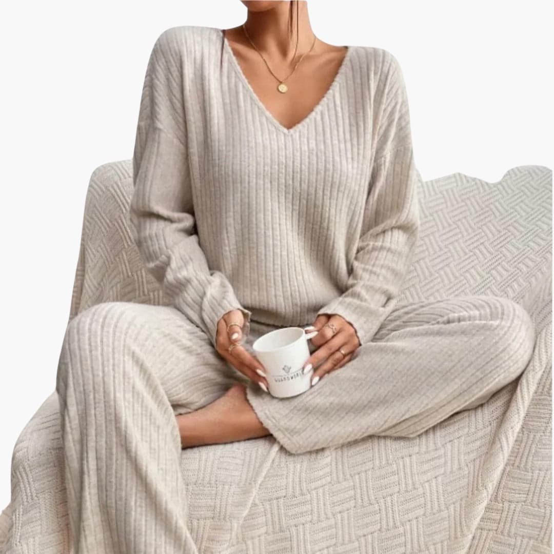 Lucienne | Women's Ribbed V Neck Sweater Wide Leg Pants Set