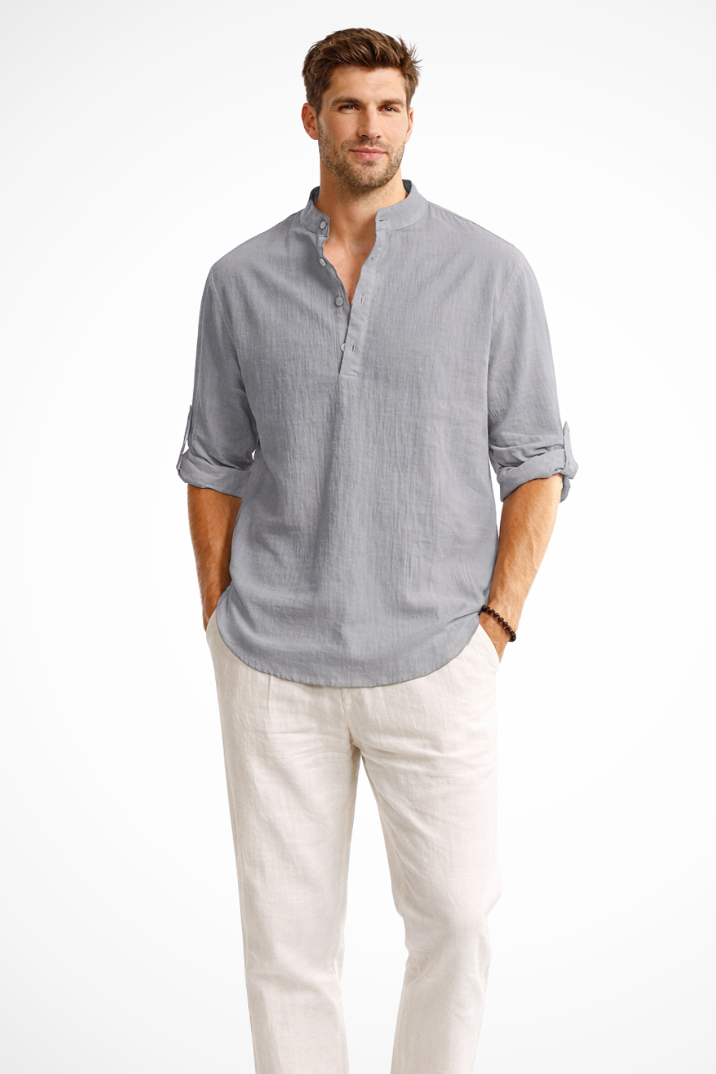 Band Collar Roll Sleeve Popover Casual Linen Shirt