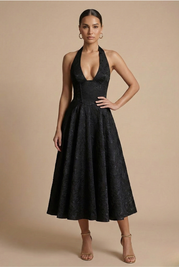 Jacquard Halter Neck Corset Bodice A Line Midi Dress - Wedding Guest