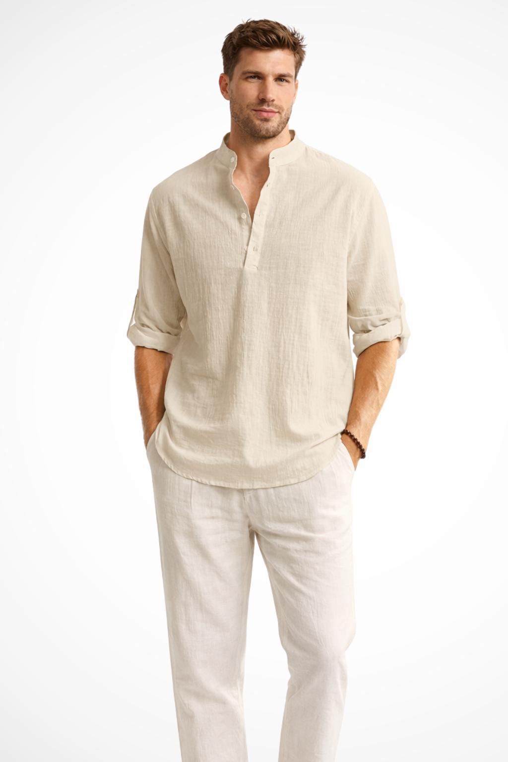 Band Collar Roll Sleeve Popover Casual Linen Shirt