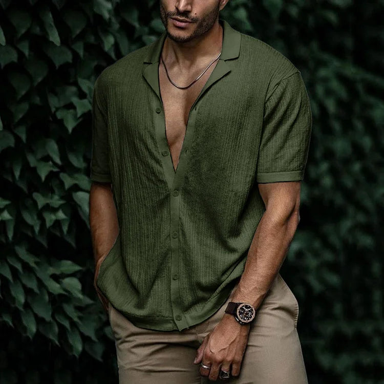 Ribbed Knit Camp Collar Short Sleeve Button Down Mens Casual Shirt