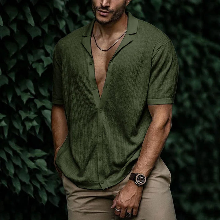 Ribbed Knit Camp Collar Short Sleeve Button Down Mens Casual Shirt