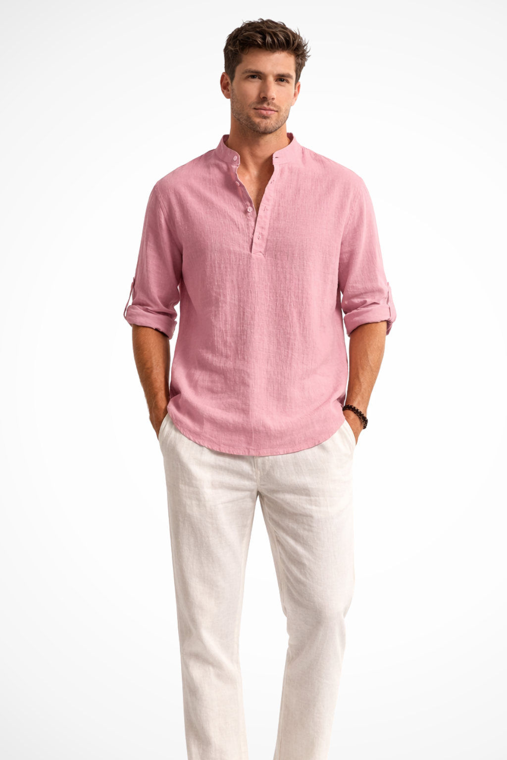 Band Collar Roll Sleeve Popover Casual Linen Shirt