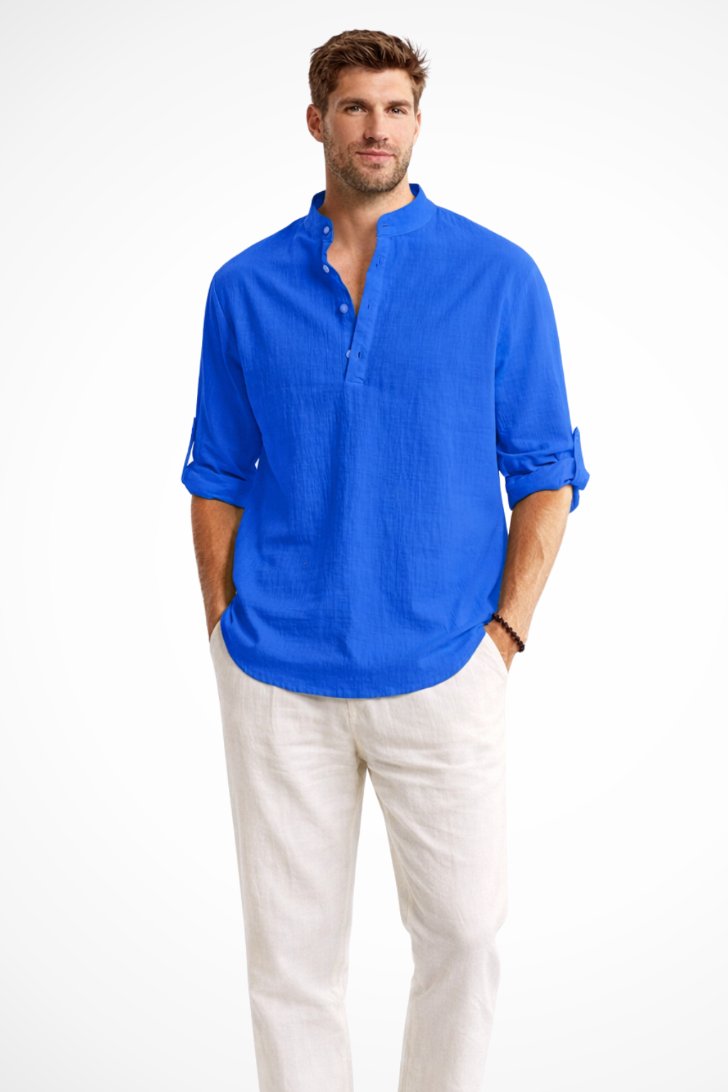 Band Collar Roll Sleeve Popover Casual Linen Shirt