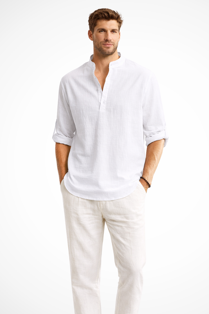Band Collar Roll Sleeve Popover Casual Linen Shirt