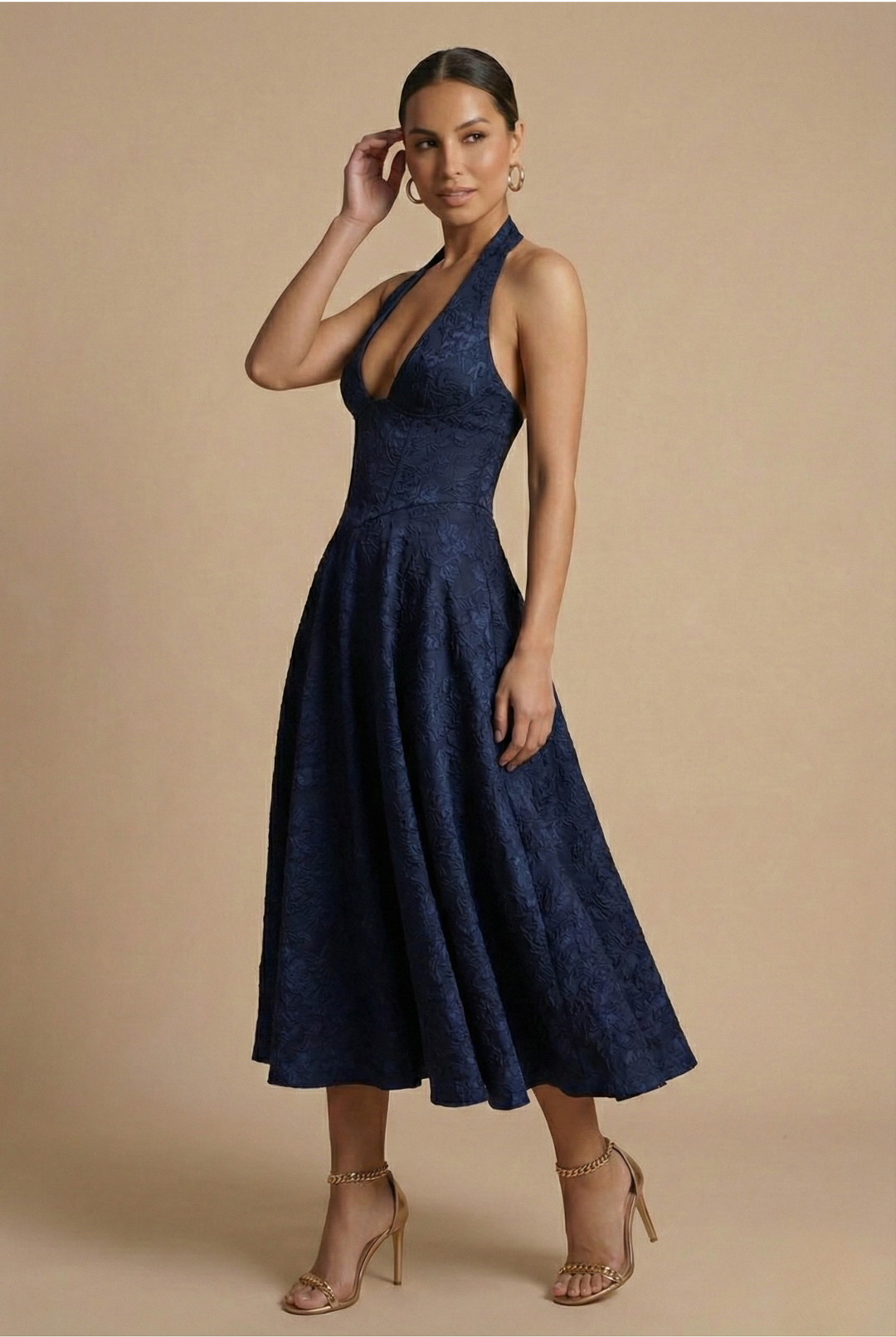 Jacquard Halter Neck Corset Bodice A Line Midi Dress - Wedding Guest