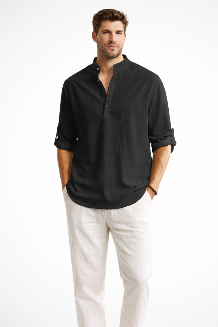 Band Collar Roll Sleeve Popover Casual Linen Shirt