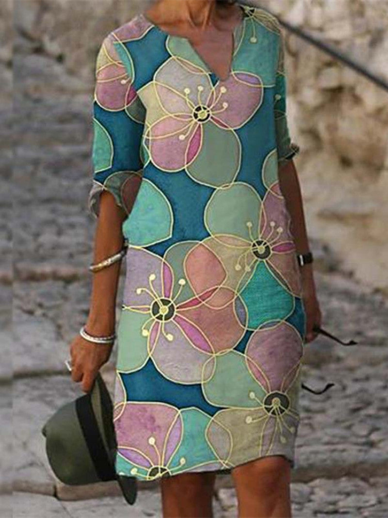 Wildflower Floral V Neck Three Quarter Sleeve Relaxed Linen Midi Dress