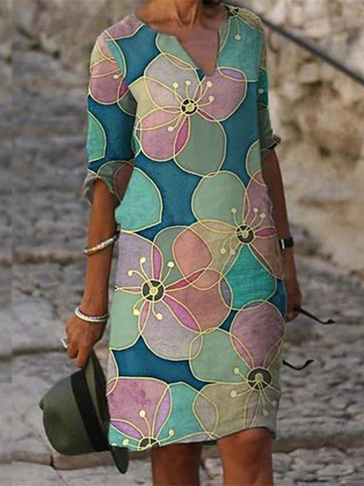 Wildflower Floral V Neck Three Quarter Sleeve Relaxed Linen Midi Dress