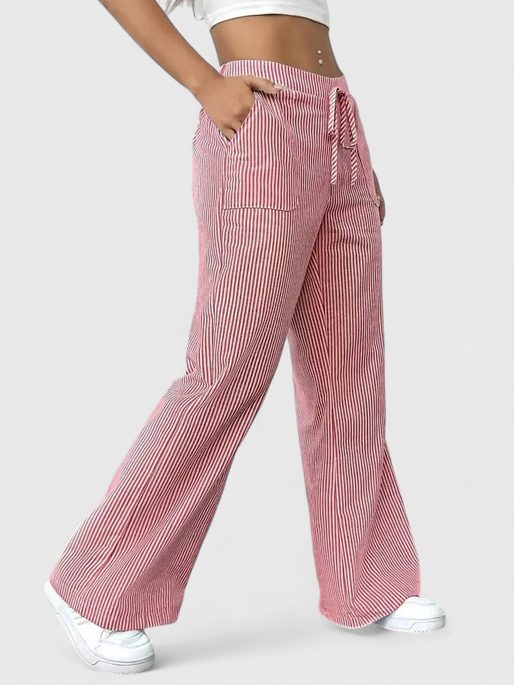 Striped Drawstring Wide Leg Pants Women - Casual Cotton