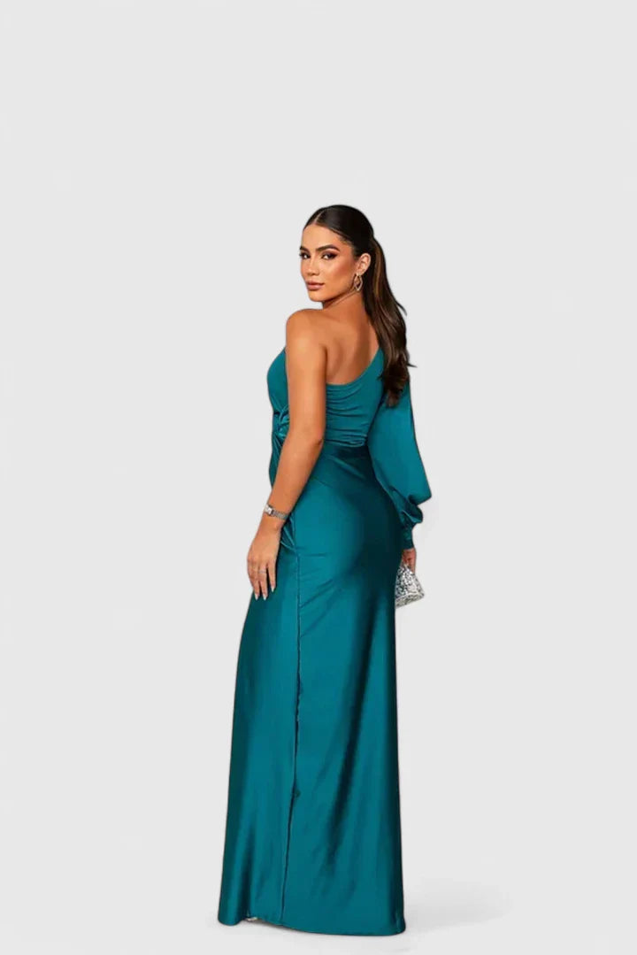 Elegant One Shoulder Satin Maxi Dress With High Split