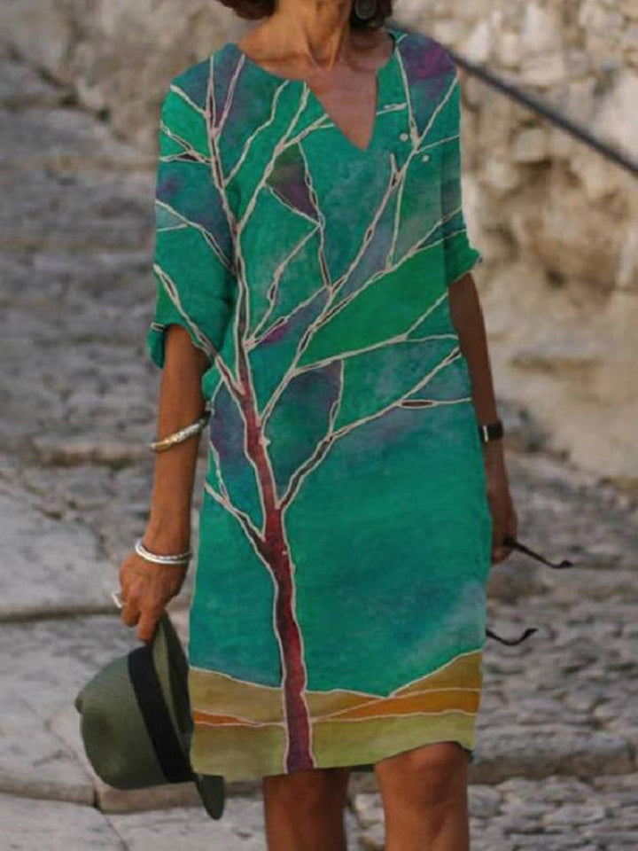 Wildflower Floral V Neck Three Quarter Sleeve Relaxed Linen Midi Dress