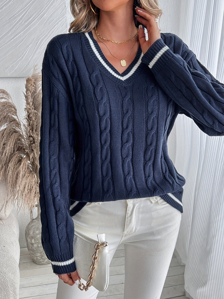 Verona | Women's Oversized Varsity Stripe V-Neck Pullover Sweater in Cable Knit