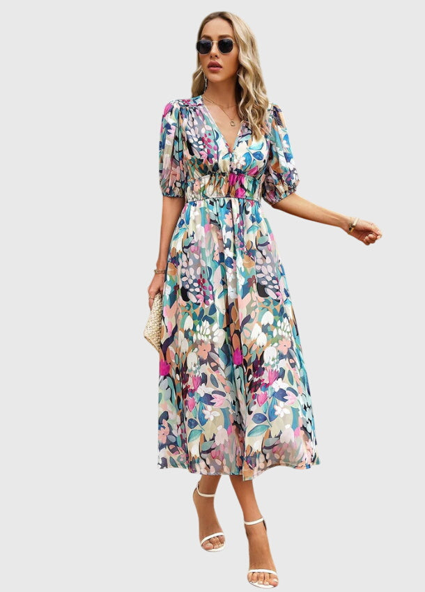 Short Sleeve Floral Midi Dress Elastic Waist