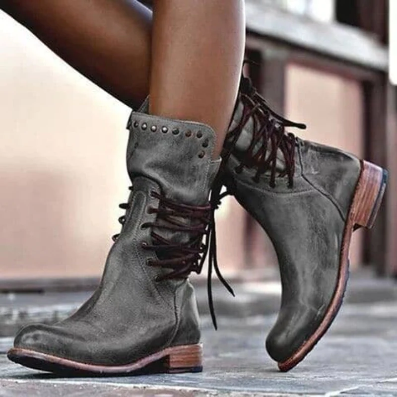 Studded Collar Lace Up Washed Leather Low Heel Ankle Boot