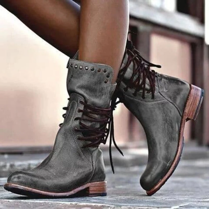 Studded Collar Lace Up Washed Leather Low Heel Ankle Boot