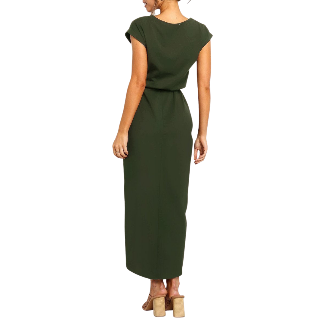 Cap Sleeve Belted Casual Midi Dress Side Split