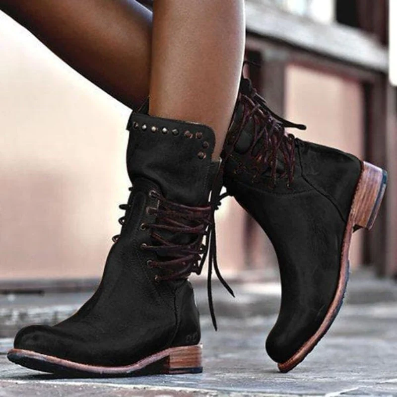 Studded Collar Lace Up Washed Leather Low Heel Ankle Boot