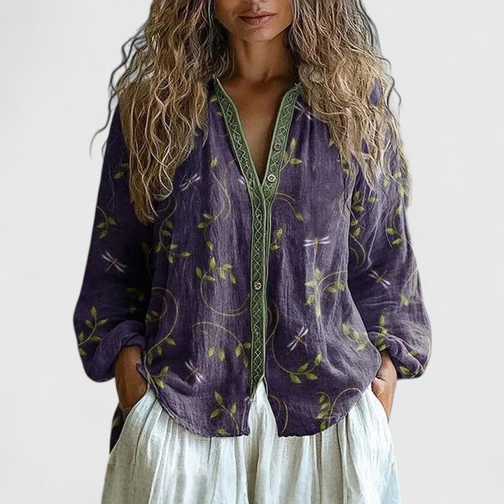 Dragonfly Print Contrast Trim Boho Linen Blouse Women