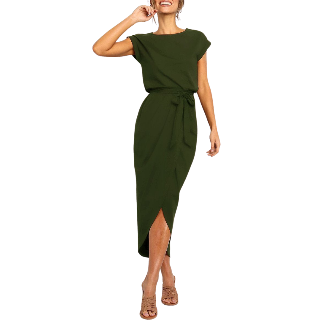 Cap Sleeve Belted Casual Midi Dress Side Split