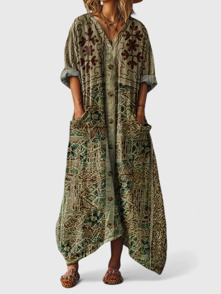 V Neck Boho Maxi Dress Loose Fit
