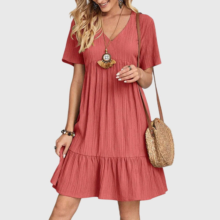 Short Sleeve V Neck Smock Mini Dress