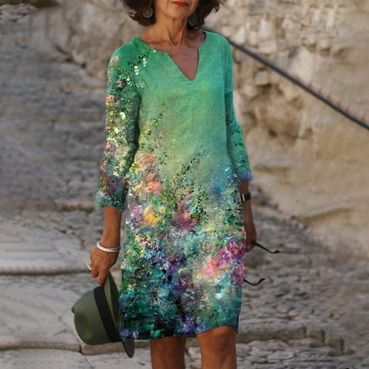 Wildflower Floral V Neck Three Quarter Sleeve Relaxed Linen Midi Dress