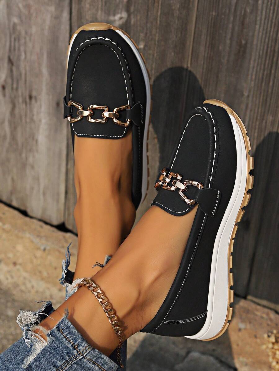 Gold Chain Platform Slip On Loafers Women