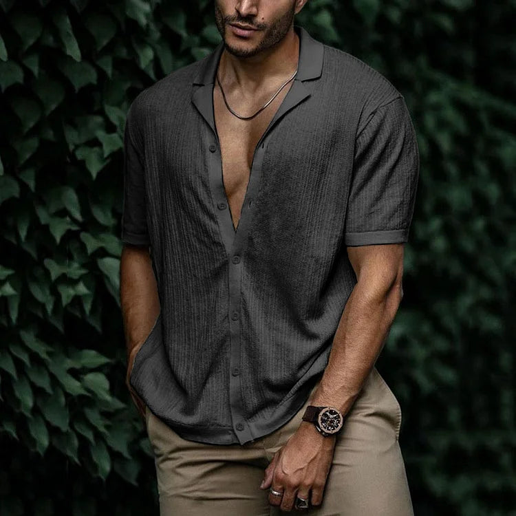 Ribbed Knit Camp Collar Short Sleeve Button Down Mens Casual Shirt