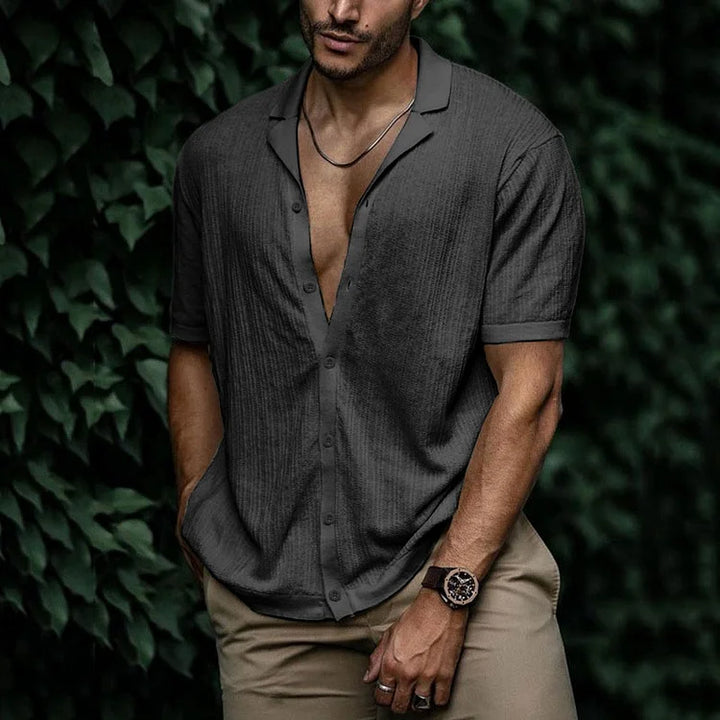 Ribbed Knit Camp Collar Short Sleeve Button Down Mens Casual Shirt