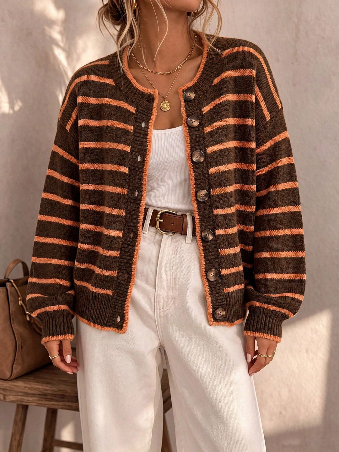 Daphne | Women's Oversized Striped Button Up Knit Cardigan