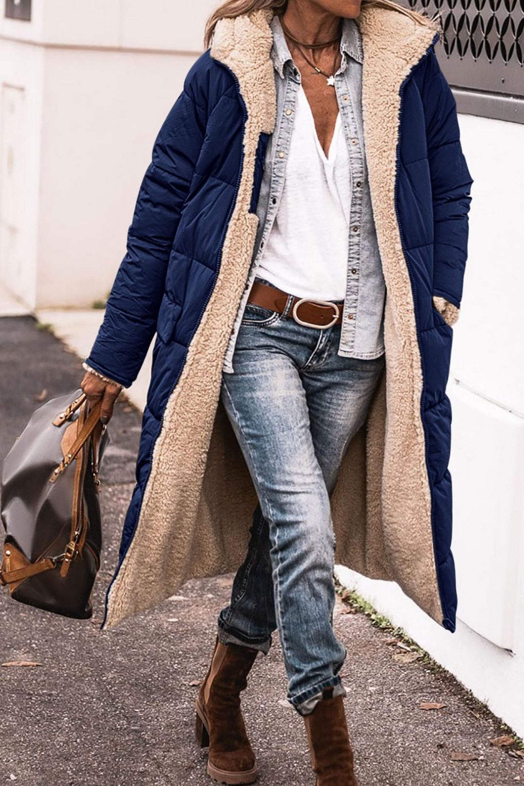 Rosalind | Women's Longline Puffer Coat with Reversible Sherpa Lining