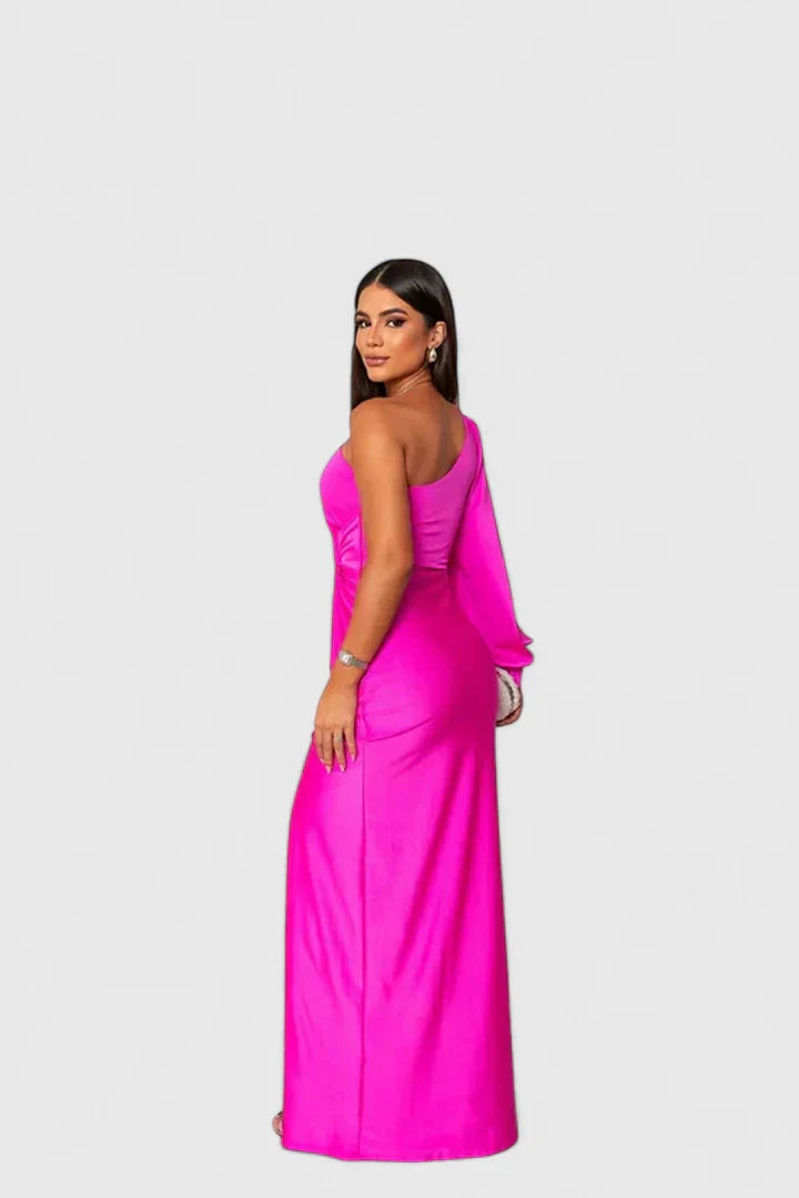 Elegant One Shoulder Satin Maxi Dress With High Split