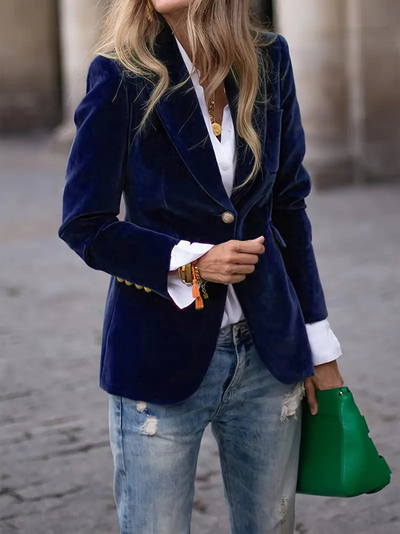 Peak Lapel Gold Button Cuff Single Breast Velvet Blazer