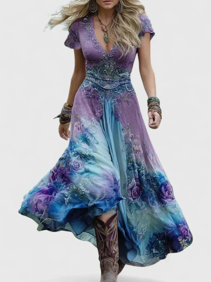 V Neck Boho Maxi Dress Short Sleeve