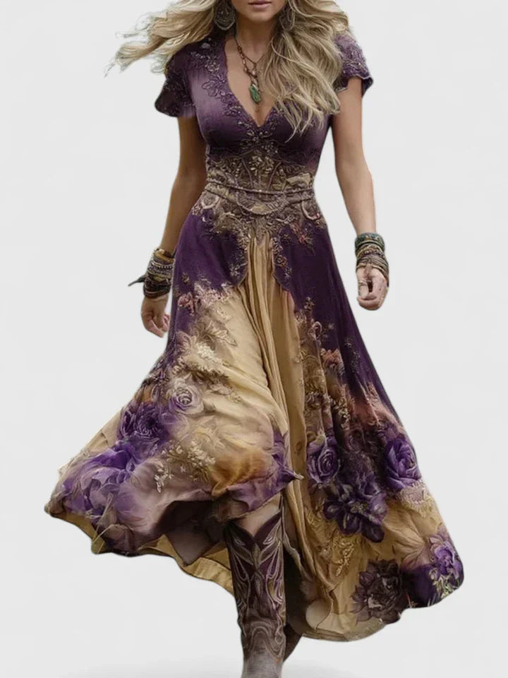 V Neck Boho Maxi Dress Short Sleeve