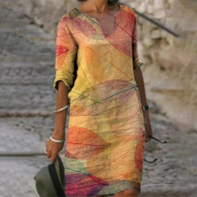 Wildflower Floral V Neck Three Quarter Sleeve Relaxed Linen Midi Dress