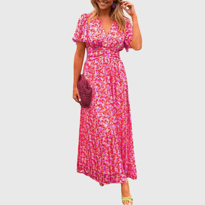 Floral Pleated A Line Maxi Dress Casual Summer