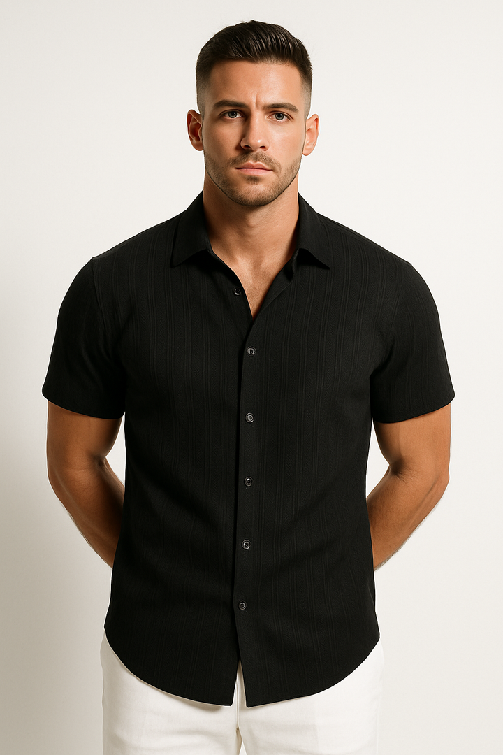 Textured Stripe Short Sleeve Button Down Casual Shirt