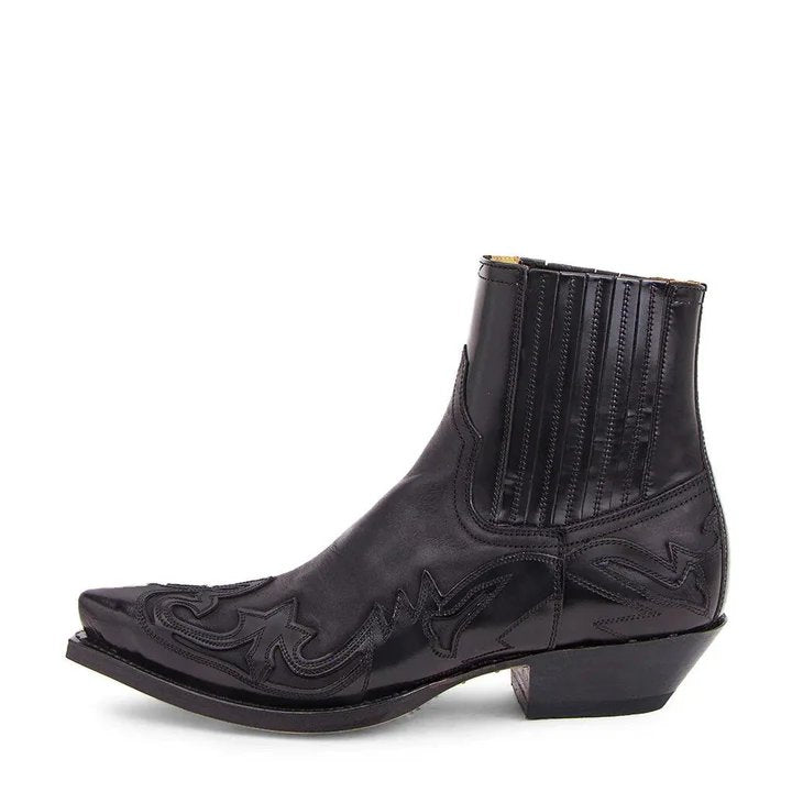 Men's Embroidered Snip Toe Pull On Leather Cowboy Ankle Boot