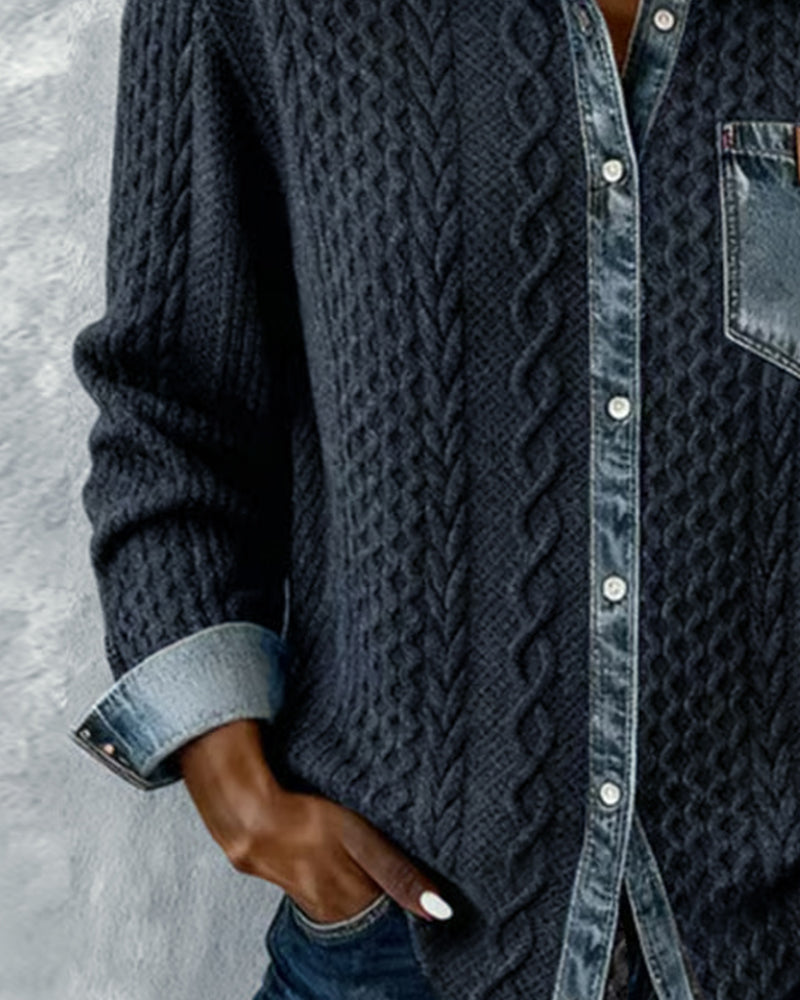 Beatrix | Women's Cable Knit Button-Down Sweater Shirt with Denim Trim