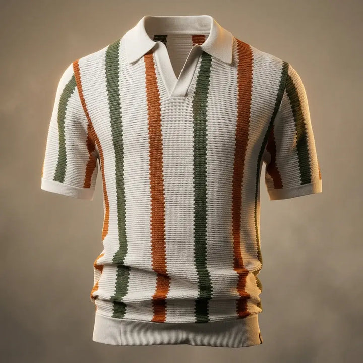 Vertical Stripe Open Collar Knit Short Sleeve Polo Shirt
