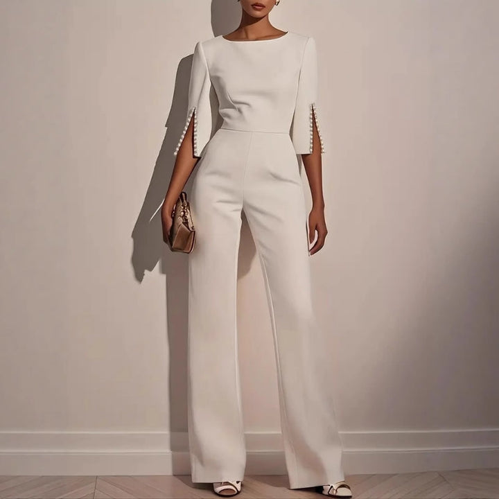 Pearl Trim Split Sleeve Bateau Neck Wide Leg Formal Jumpsuit
