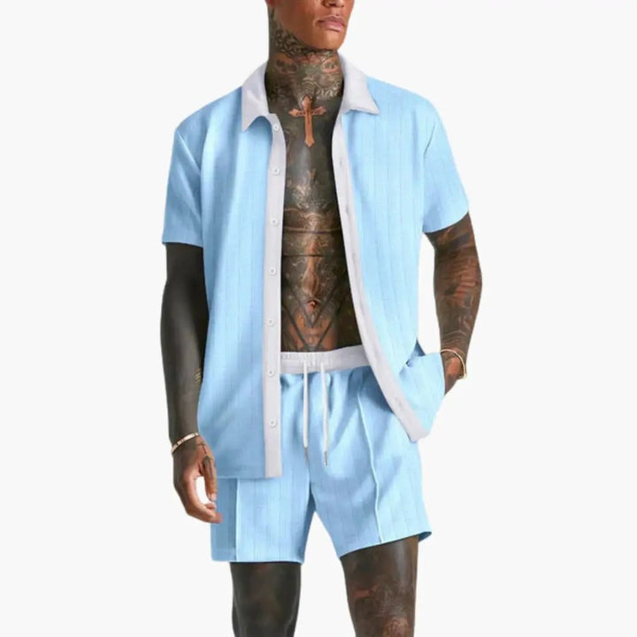 Contrast Trim Short Sleeve Shirt and Drawstring Short Matching Set